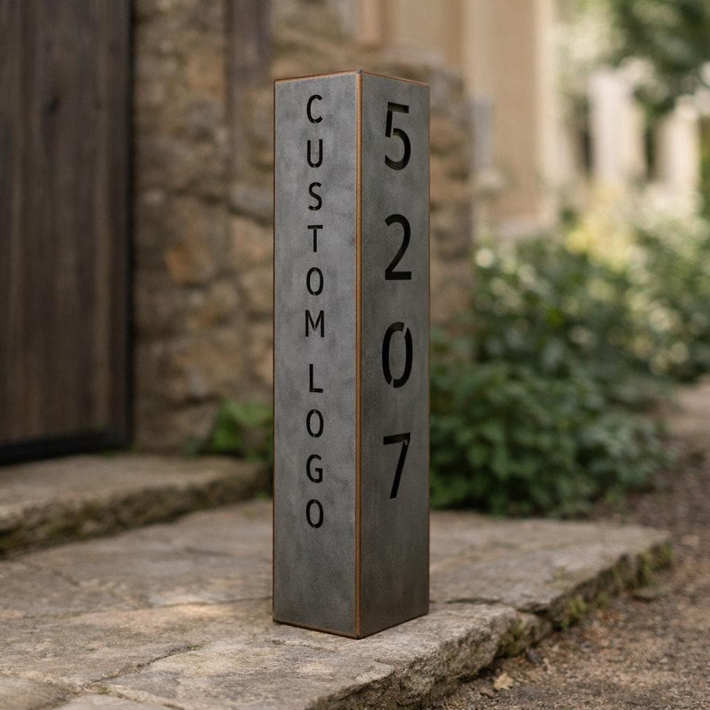 Custom Logo Address Pillar, Modern Metal Sign, Business Logo Column, Illuminated Landscape Post, House Number Sign