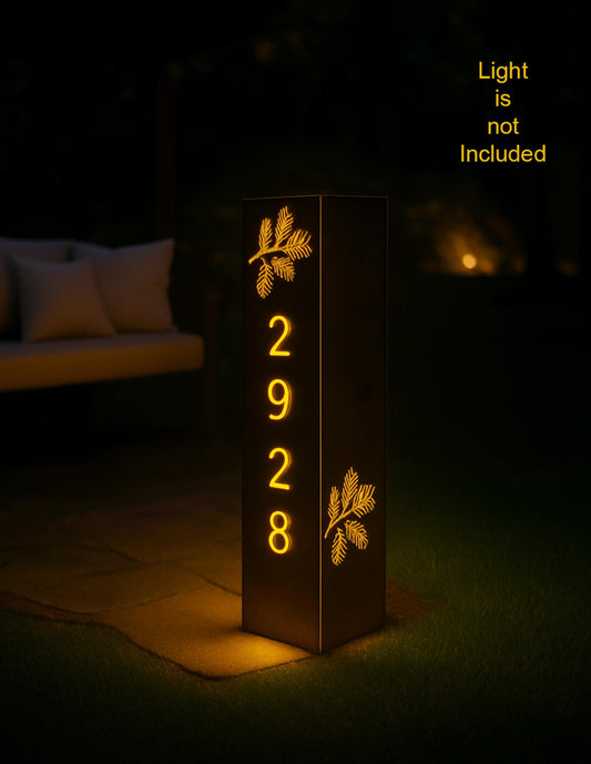 Metal House Number Column with Pine Cones, Rustic Steel Address Post