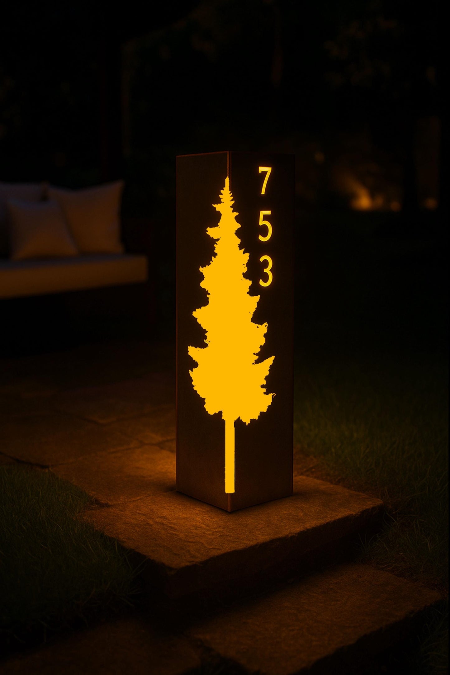Custom Metal Garden Column with House Number, Pine Tree Yard Art, Outdoor Steel Address Pillar, Rustic Lawn Decor