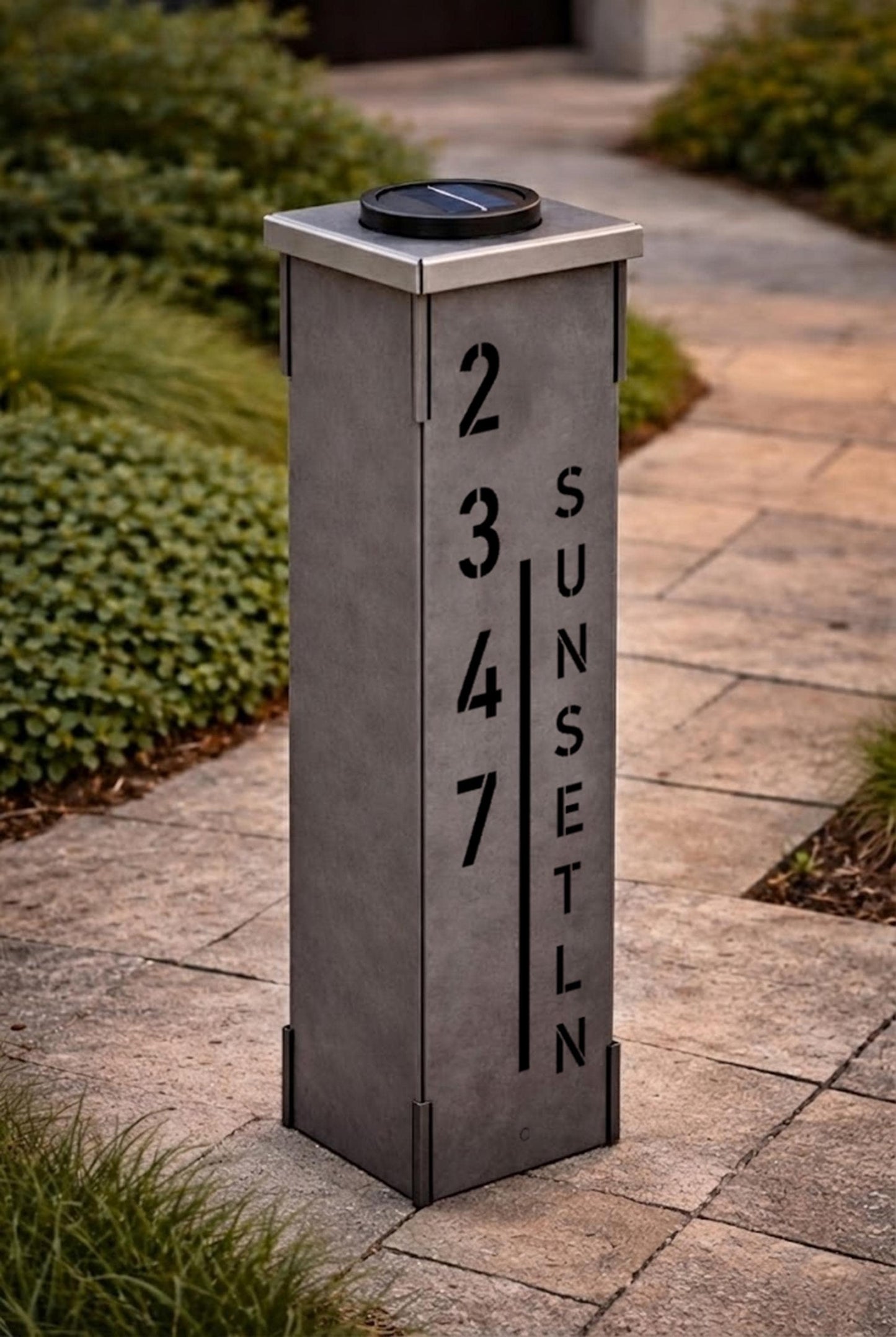 Solar Address Column Light, Modern Metal House Numbers, Illuminated Yard Address Sign, Custom Vertical Street Name Plaque