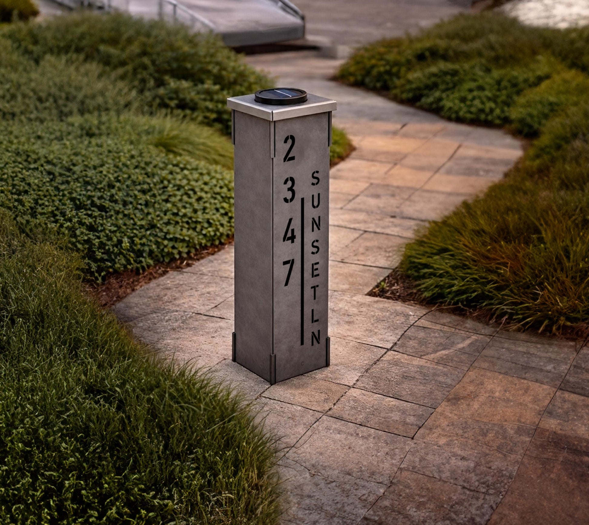 Modern Solar Address Pillar, Lighted House Number Column, Freestanding Metal Post