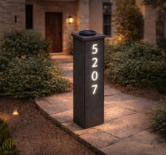 Solar Address Column Light, Modern Outdoor House Number Sign, Illuminated Address Post for Yard Pathway