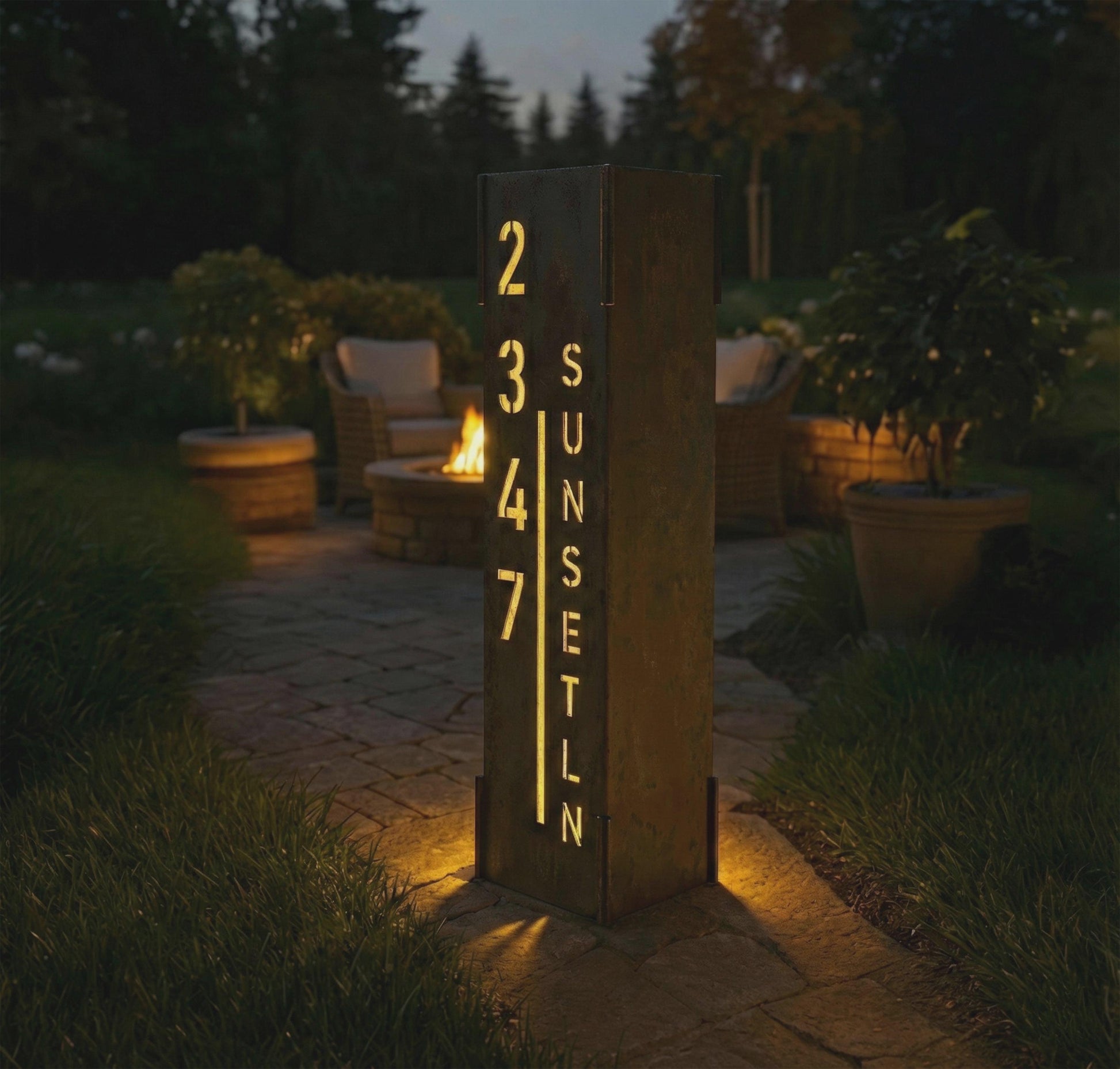 Solar Address Column Light, Modern Metal House Numbers, Illuminated Yard Address Sign, Custom Vertical Street Name Plaque