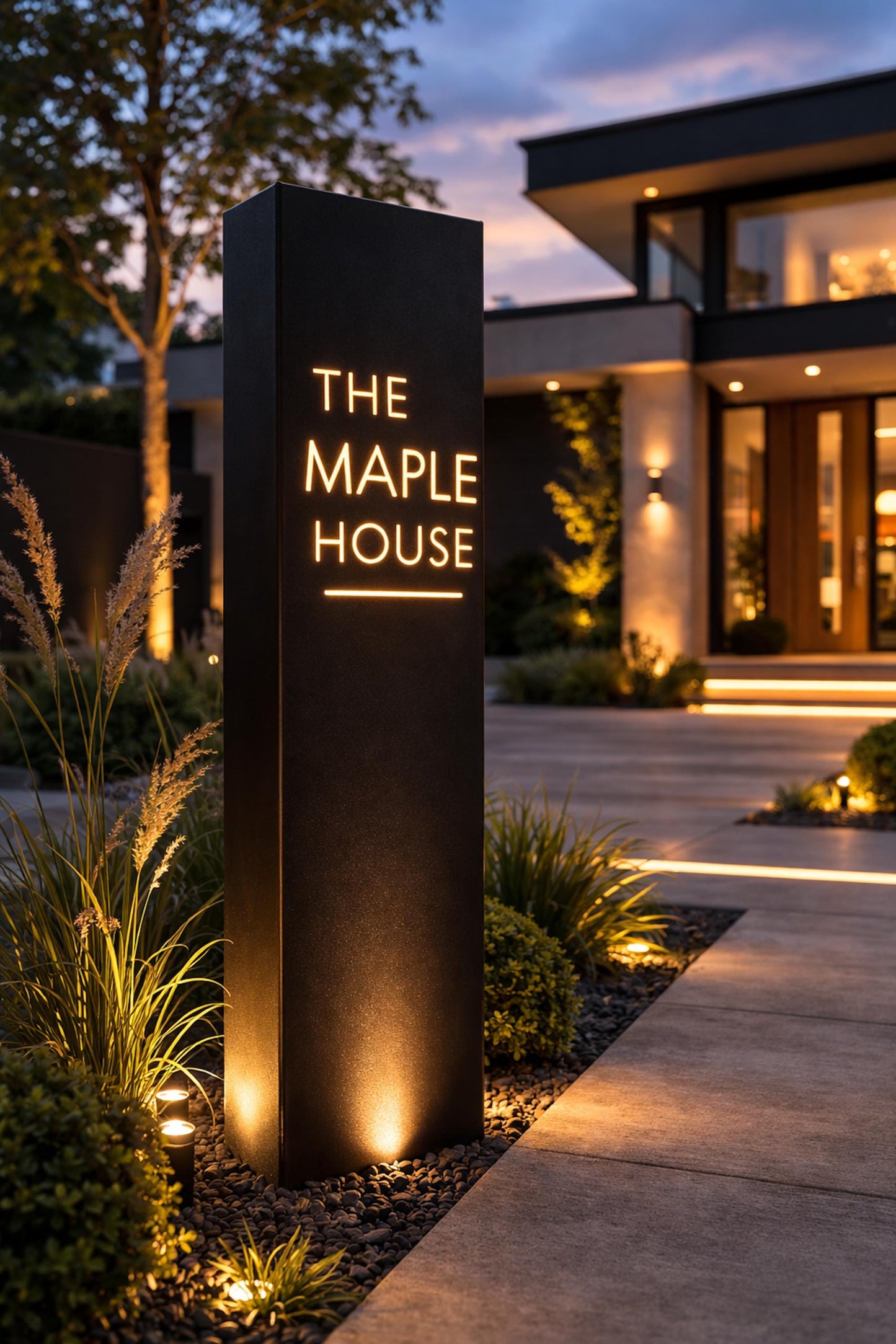 Custom Logo Address Pillar, Modern Metal Sign, Business Logo Column, Illuminated Landscape Post, House Number Sign