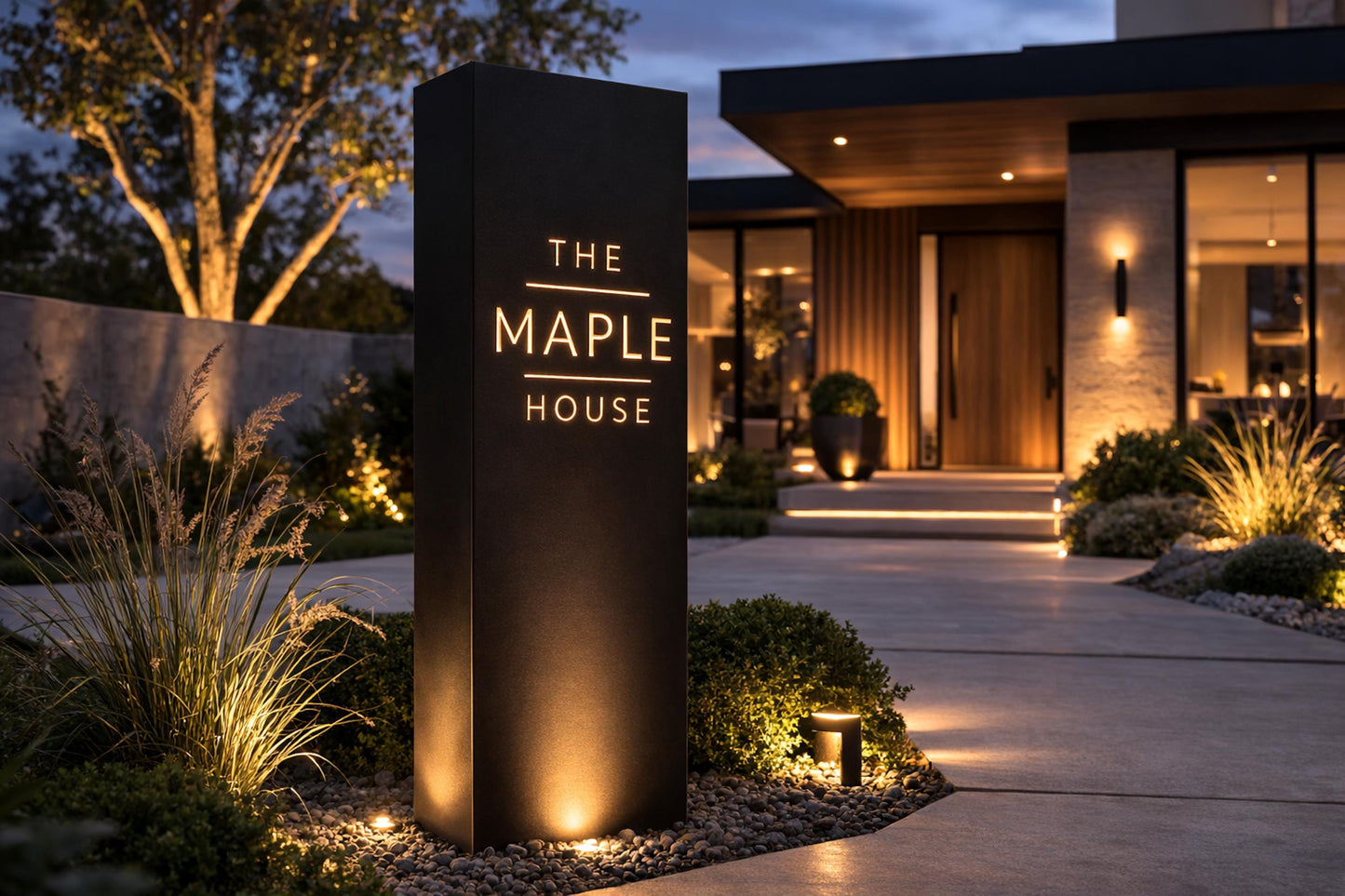 Custom Logo Address Pillar, Modern Metal Sign, Business Logo Column, Illuminated Landscape Post, House Number Sign