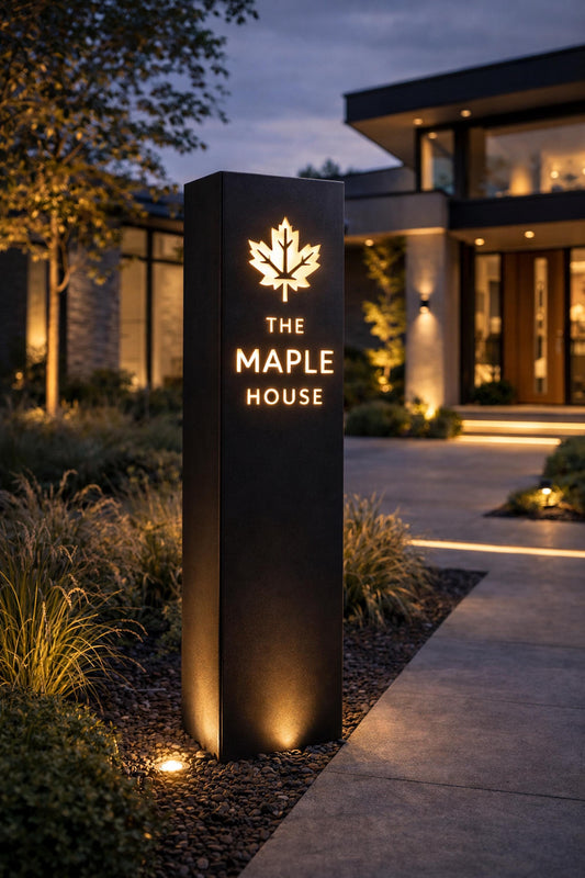 Custom Logo Address Pillar, Modern Metal Sign, Business Logo Column, Illuminated Landscape Post, House Number Sign
